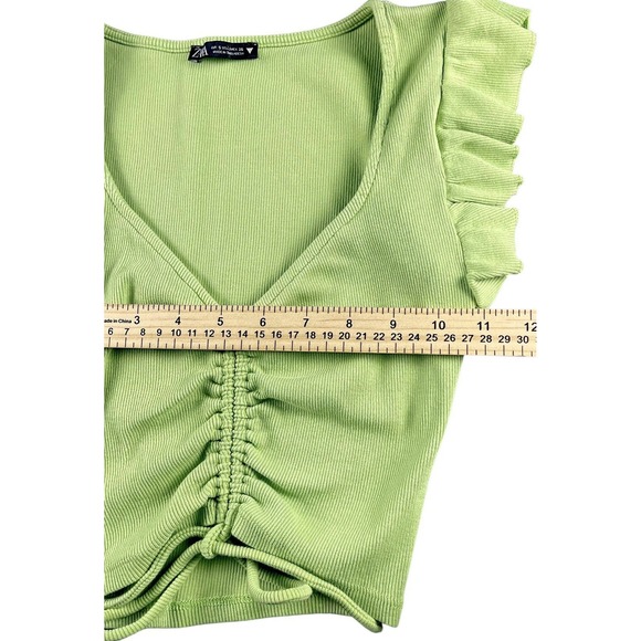 ZARA Womens Green Ribbed Crop Top Size S Ruched Front Ruffle Sleeve Stretch - Picture 5 of 5